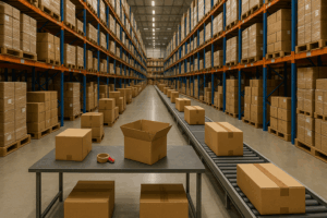 An ecommerce 3PL warehouse with stacked boxes and a conveyor of outbound shipments.