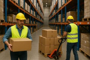 Two employees working in a 3PL warehouse.