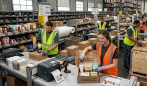 Warehouse workers packing subscription kitting boxes.