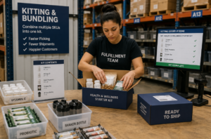 A warehouse worker prepping packages and inventory to get ready to ship.