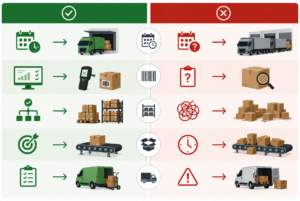 Comparison of efficient vs inefficient inbound-to-parcel warehouse practices.